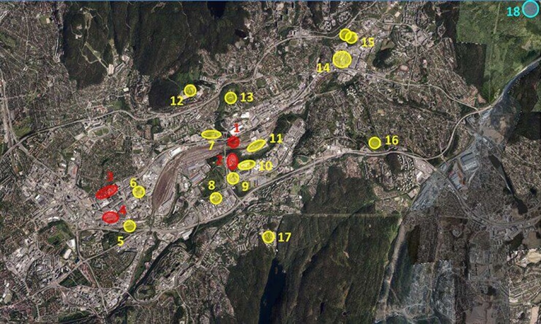 Disse 18 tomtealternativene ble vurdert som mulige tomter til politiets beredskapssenter. Kartutsnittet er hentet fra Groruddalen i Oslo. Disse 18 tomtealternativene ble vurdert som mulige tomter til politiets beredskapssenter. Kartutsnittet er hentet fra Groruddalen i Oslo.