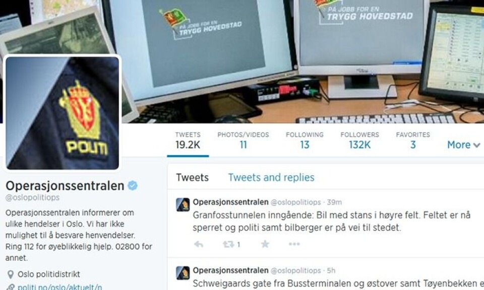 Operasjonssentralen i Oslo er soleklart størst i politiet på twitter.