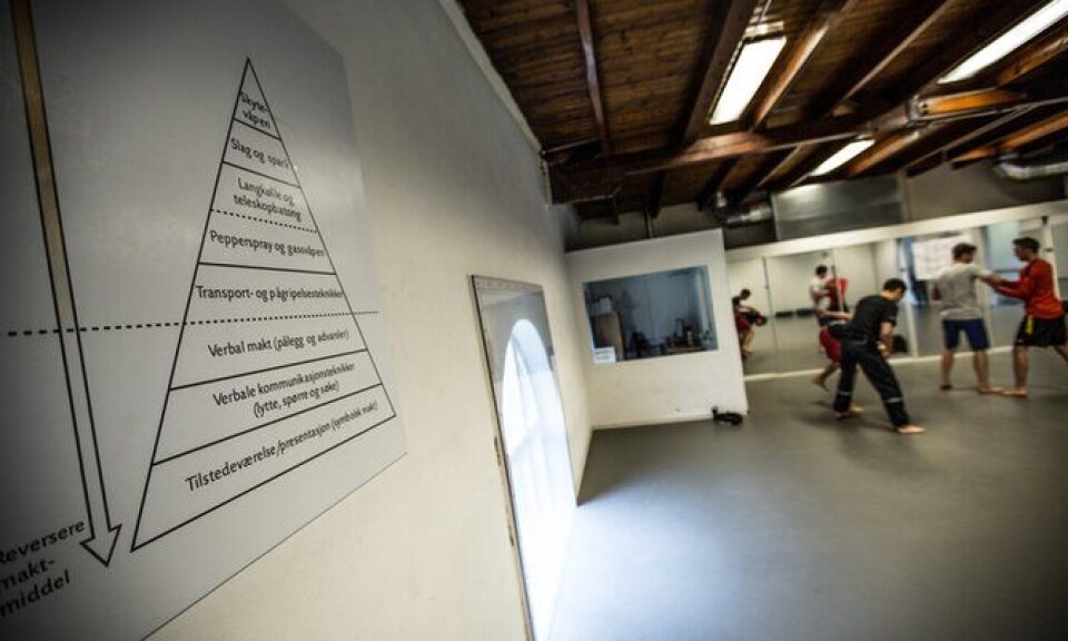 PYRAMIDEN: Maktpyramiden er en sentral del av utdanningen på PHS. Den henger i klasserom og treningssaler, som her studentene trener på arrestasjonsteknikk.