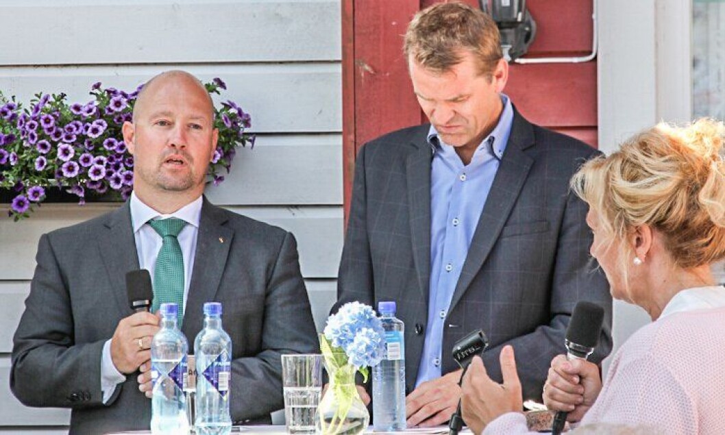 Justisminister Anders Anundsen og PF-leder Sigve Bolstad under debatten på Arendalsuka i dag. Justisminister Anders Anundsen og PF-leder Sigve Bolstad under debatten på Arendalsuka i dag.