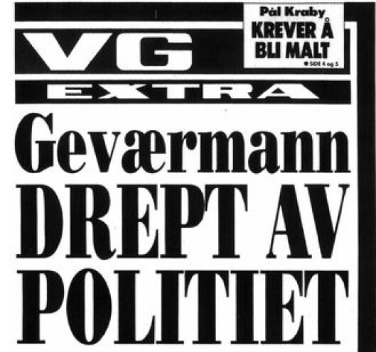 MEDIETRYKK: Her er VGs forside dagen etter hendelsen, som vakte oppmerksomhet. Senere forsider gjenga opplysninger fra vitner, som politimannen ikke kjente seg igjen i. MEDIETRYKK: Her er VGs forside dagen etter hendelsen, som vakte oppmerksomhet. Senere forsider gjenga opplysninger fra vitner, som politimannen ikke kjente seg igjen i.