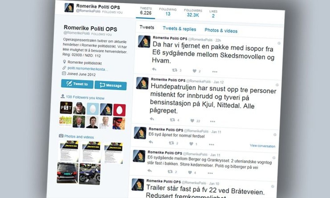32.300 romerikinger får oppdateringer fra politiets arbeid i blant annet Skedsmo og Nittedal. Etterhvert skal distriktet slås sammen med Follo og Østfold, som begge har ca. like mange følgere som Romerike. 32.300 romerikinger får oppdateringer fra politiets arbeid i blant annet Skedsmo og Nittedal. Etterhvert skal distriktet slås sammen med Follo og Østfold, som begge har ca. like mange følgere som Romerike.