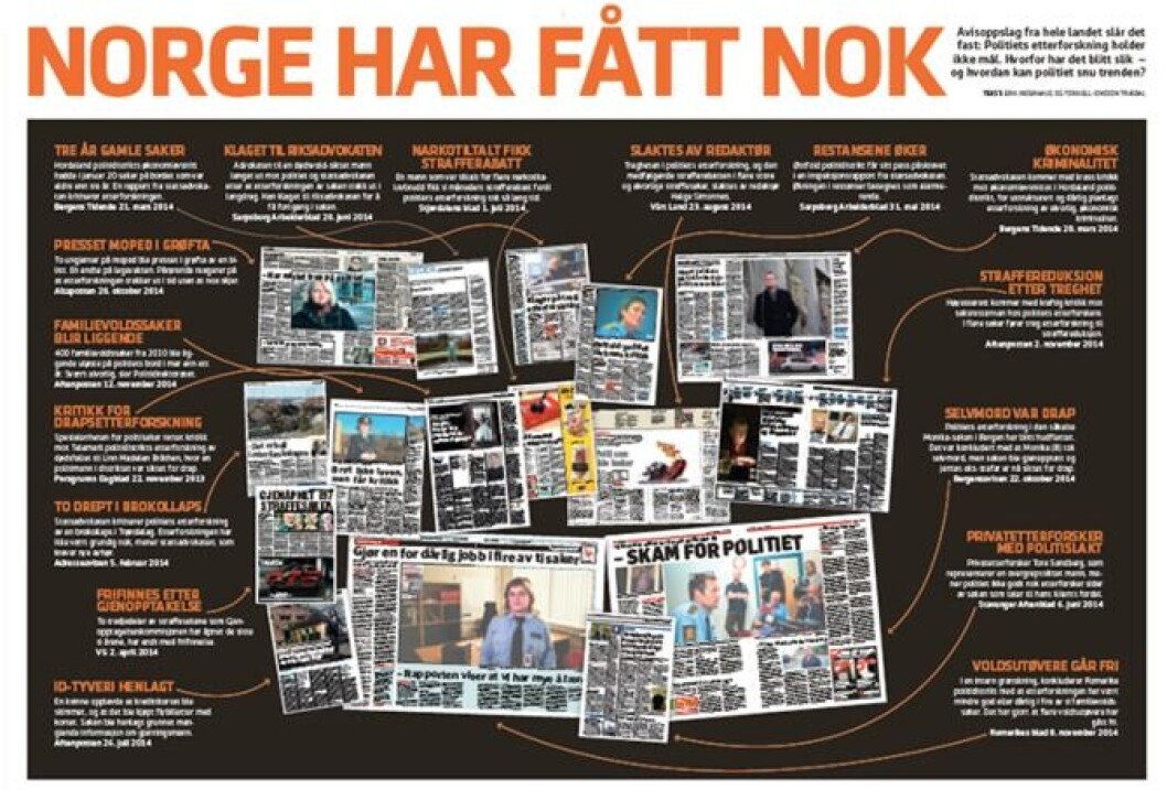 Slik så Politiforums utgave fra desember 2014 ut. Sakene var mange og kritikken mot etterforskningen hard. Men ifølge Harald Bøhler i POD gikk kritikken i de fleste sakene på mye av det samme. Slik så Politiforums utgave fra desember 2014 ut. Sakene var mange og kritikken mot etterforskningen hard. Men ifølge Harald Bøhler i POD gikk kritikken i de fleste sakene på mye av det samme.