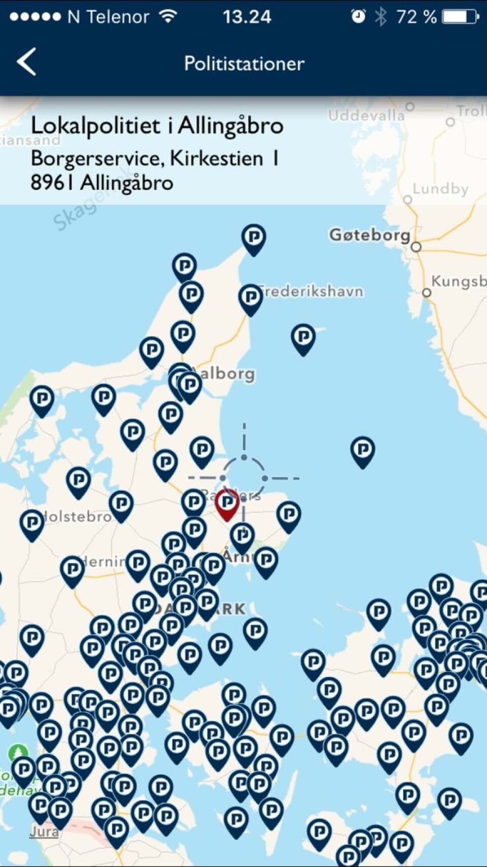 Politiappen gir brukerne mulighet til å søke opp adresse og telefonnummer til nærmeste politistasjon.