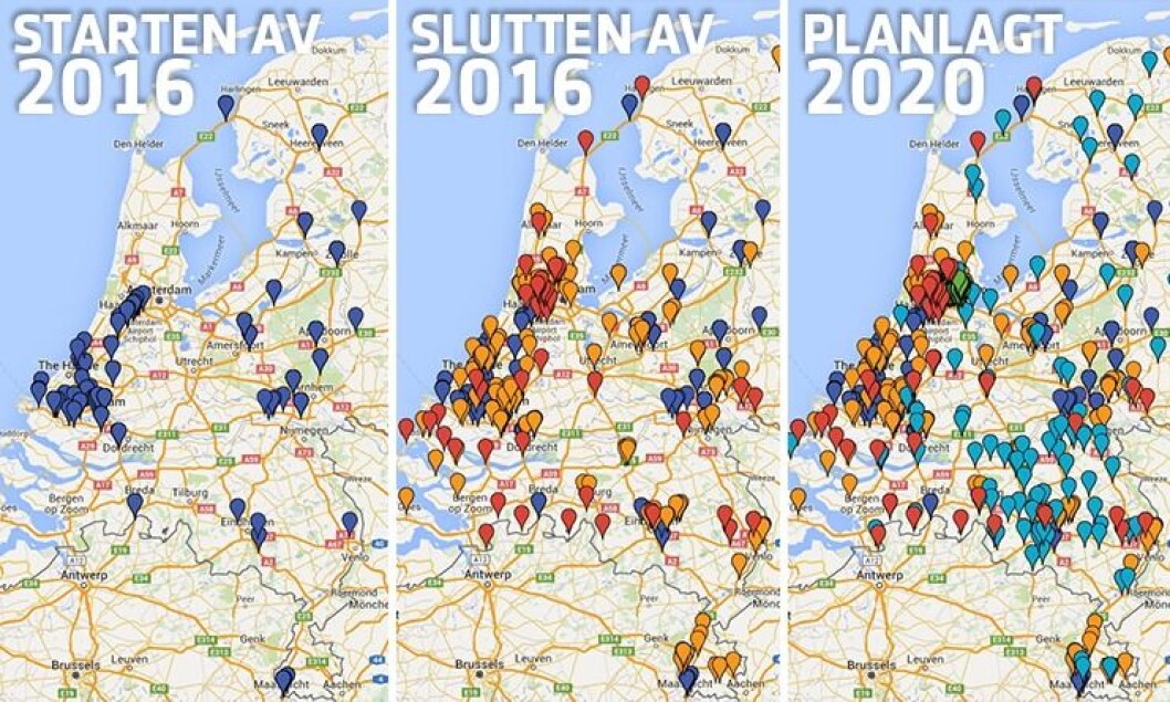 Slik ser nederlandsk politi for seg å utvikle ANPR. På det første bildet ser du antall ANPR-kameraer montert på veiene i i år. På bilde nummer to, ser du planene nederlandsk politi har for å sette opp nye enheter i løpet av året. På det siste er planen for 2020 - langt flere kameraer er satt opp, blant annet ved hjelp av private. Nederlandsk politi kan dermed ha kontroll med langt flere kjøretøy gjennom et land som brukes som en gjennomfartsåre i Europa. Slik ser nederlandsk politi for seg å utvikle ANPR. På det første bildet ser du antall ANPR-kameraer montert på veiene i i år. På bilde nummer to, ser du planene nederlandsk politi har for å sette opp nye enheter i løpet av året. På det siste er planen for 2020 - langt flere kameraer er satt opp, blant annet ved hjelp av private. Nederlandsk politi kan dermed ha kontroll med langt flere kjøretøy gjennom et land som brukes som en gjennomfartsåre i Europa.