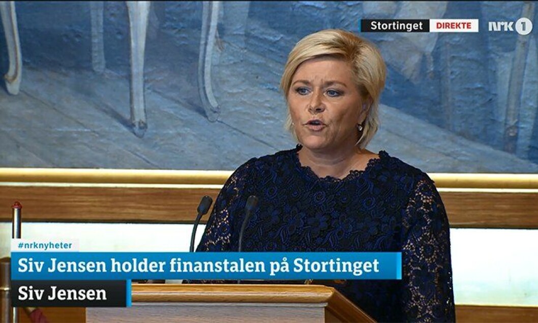 Finansminister Siv Jensen (Frp) legger fram Statsbudsjettet i Stortinget i dag. Finansminister Siv Jensen (Frp) legger fram Statsbudsjettet i Stortinget i dag.
