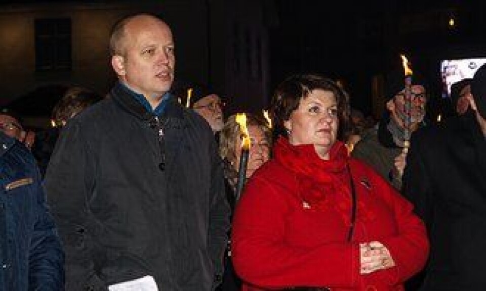 Trygve Slagsvold Vedum og Anita Ihle Steen under demonstrasjonen onsdag.