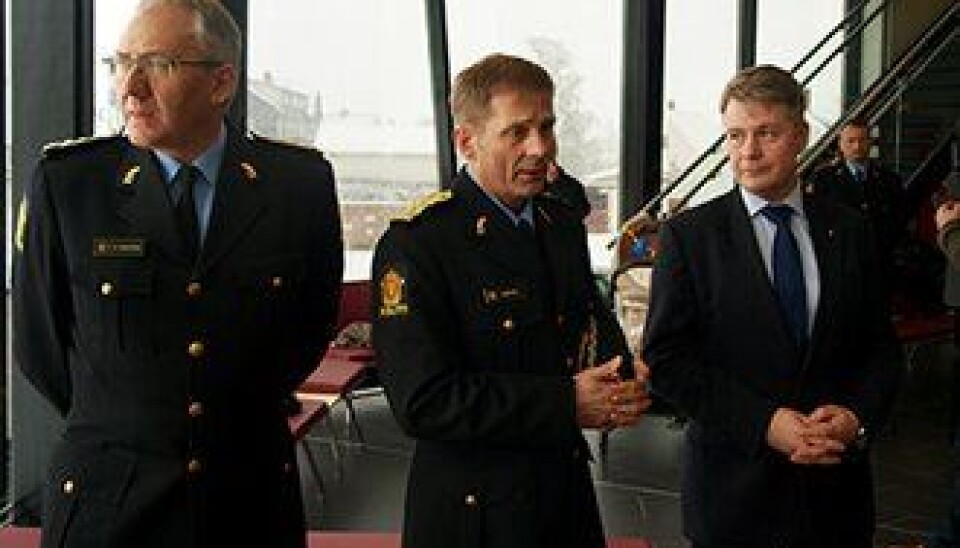 Politidirektør Odd Reidar Humlegård, politimester Johan Brekke og justis- og beredskapsminister Per-Willy Amundsen (Frp). Politidirektør Odd Reidar Humlegård, politimester Johan Brekke og justis- og beredskapsminister Per-Willy Amundsen (Frp).