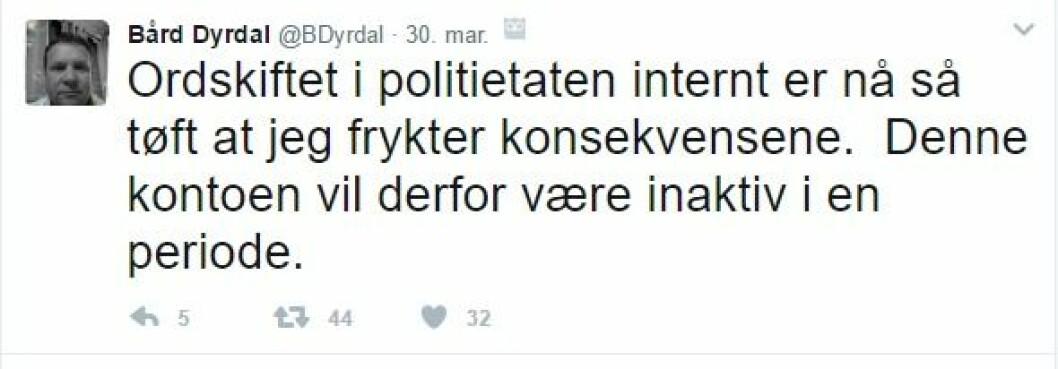 Twttermelding fra Bård Dyrdal 30. mars i år. Skjermdump fra Twitter.