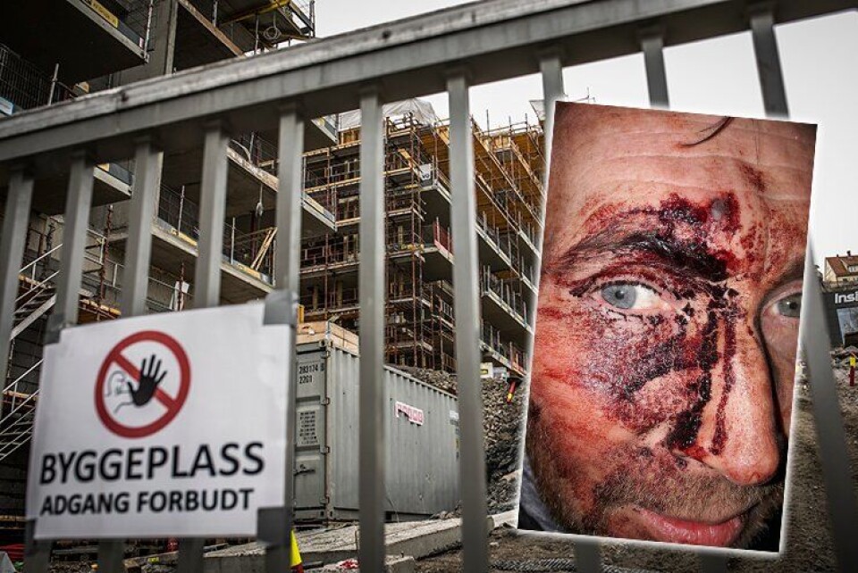 Da politimannen ankom byggeplassen i Kværnerbyen i Oslo, der en innbruddsalarm hadde gått, ble han slått med en planke med spiker.