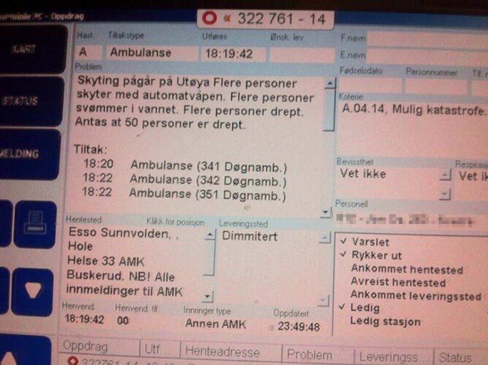 Ambulanseloggen fra 22. juli.