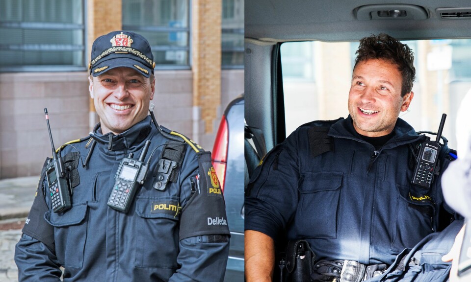 KJENTMANN OG UKJENT: Stian (t.v.) er politimann i Bergen og leder IP3-patruljen bestående av mannskaper fra Østlandet, rundt i vestlandshovedstaden. Politimannen Rune (t.H) fra Oslo er forberedt på å gripe raskt inn, selv om gatene han opererer i er ukjente.