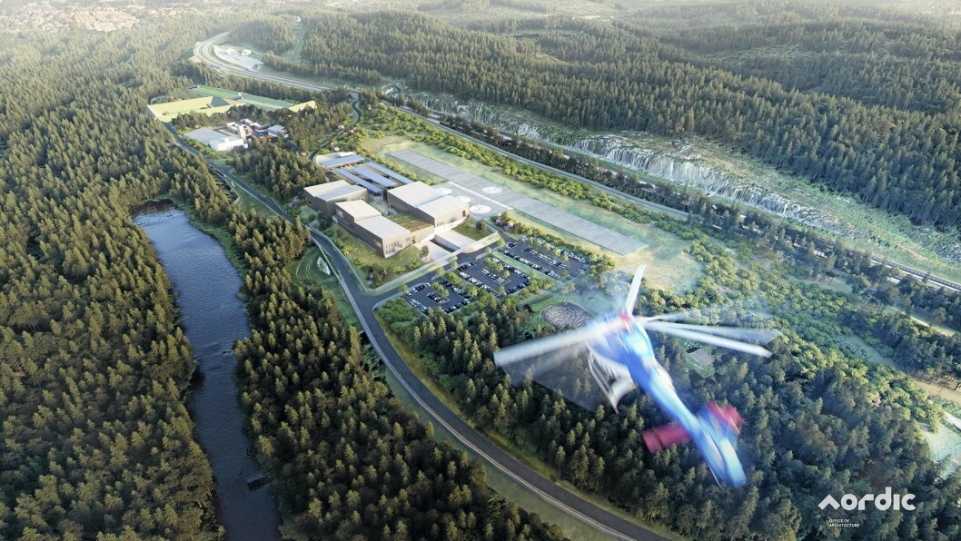 BEREDSKAPSSENTER: Tegning av Politiets nasjonale beredskapssenter (PNB). Oversiktsbildet viser hvordan anlegget kan bli seende ut fra luften, sett fra sør. Illustrasjon: JD/ Nordic - Office of Architecture og COWI AS. BEREDSKAPSSENTER: Tegning av Politiets nasjonale beredskapssenter (PNB). Oversiktsbildet viser hvordan anlegget kan bli seende ut fra luften, sett fra sør. Illustrasjon: JD/ Nordic - Office of Architecture og COWI AS.
