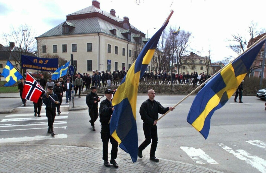 VOKSER: Politiets sikkerhetstjeneste mener nynazistorganisasjonen vokser i omfang. Her fra en demonstrasjon i Sverige fjor hvor nazister fra Norge og Sverige deltok.