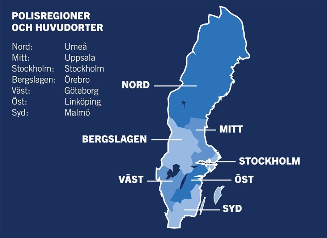 Svensk politi er delt i sju regioner, men én av dem dekker halve landet. Svensk politi er delt i sju regioner, men én av dem dekker halve landet.