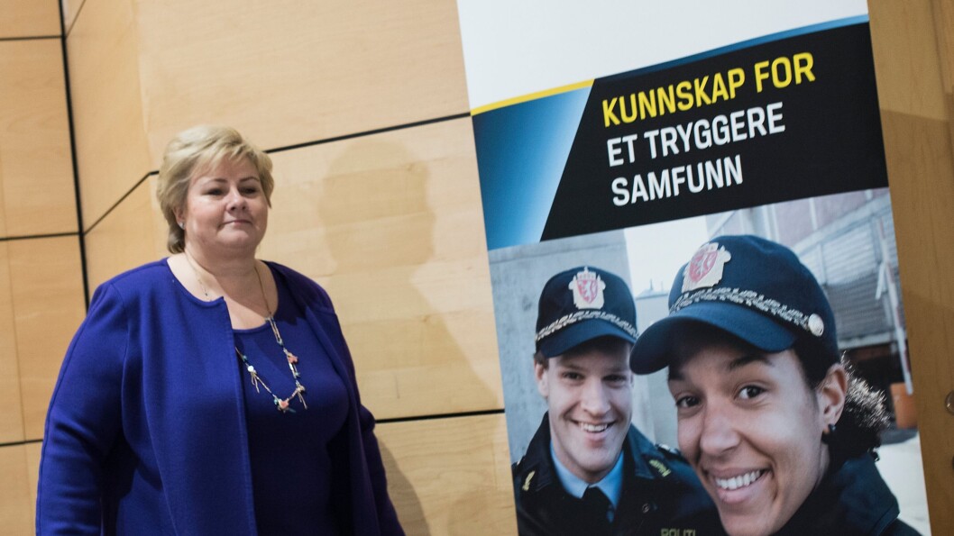 Erna Solberg da hun la fram enigheten om Nærpolitireformen i 2015. Erna Solberg da hun la fram enigheten om Nærpolitireformen i 2015.
