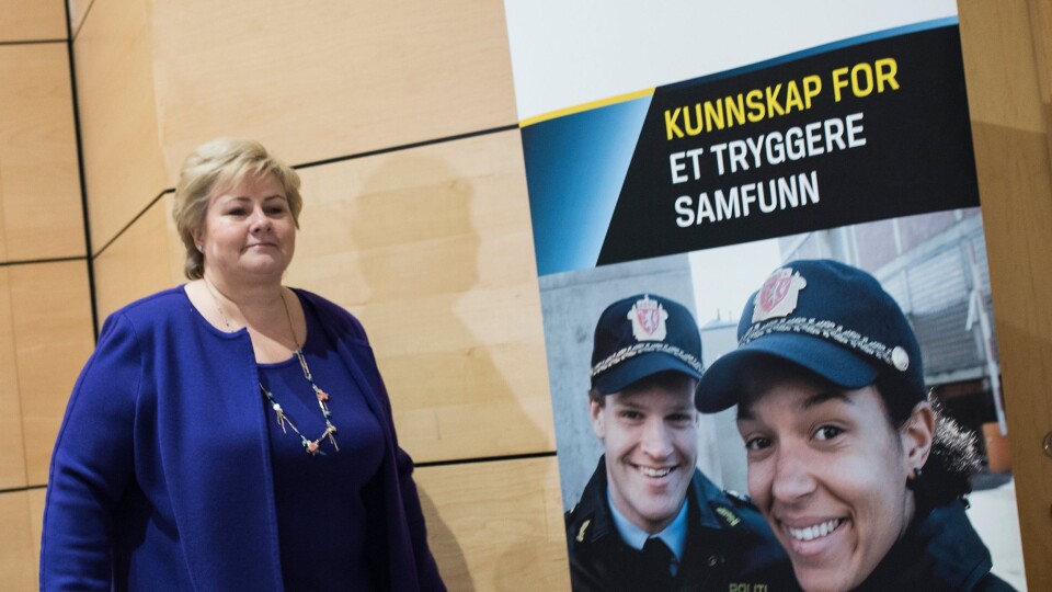 Erna Solberg da hun la fram enigheten om Nærpolitireformen i 2015.