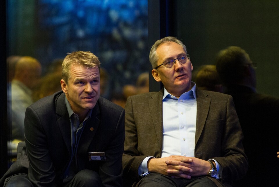 Sigve Bolstad og Odd Reidar Humlegård under et av flere PF-landsmøter Humlegård har gjestet.