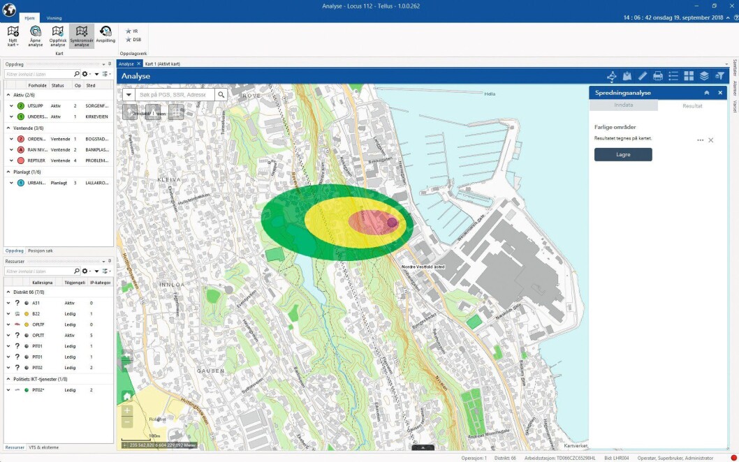 Spredningsanalysen viser punktet for for eksempel et gass- eller røykutslipp og beregner spredningsfaren derfra. Spredningsanalysen viser punktet for for eksempel et gass- eller røykutslipp og beregner spredningsfaren derfra.