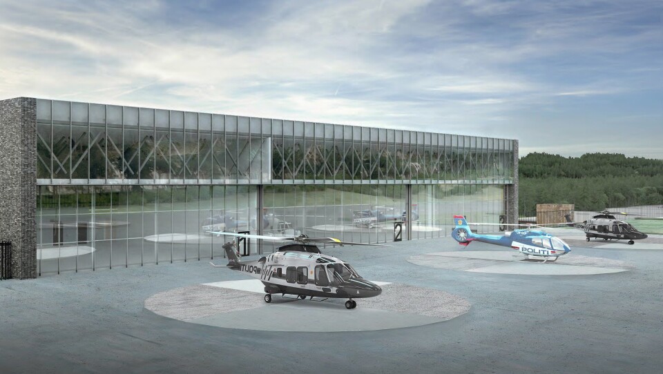 Slik vil politiets nye helikopterhangar på beredskapssenteret seende ut, ifølge arkitektene. Flere investeringer vil i framtiden kunne bli finansiert gjennom et eget investeringsbudsjett.