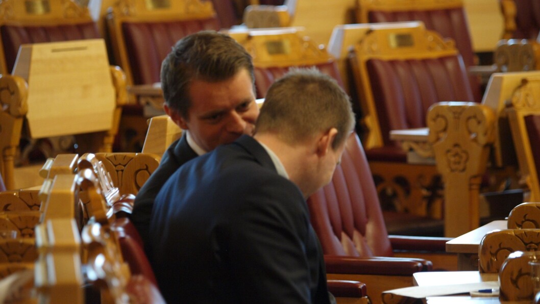 Peter Frølich og Kjell Ingolf Ropstad, her avbildet sammen på Stortinget i 2018, er potensielle nye justisministre. Peter Frølich og Kjell Ingolf Ropstad, her avbildet sammen på Stortinget i 2018, er potensielle nye justisministre.