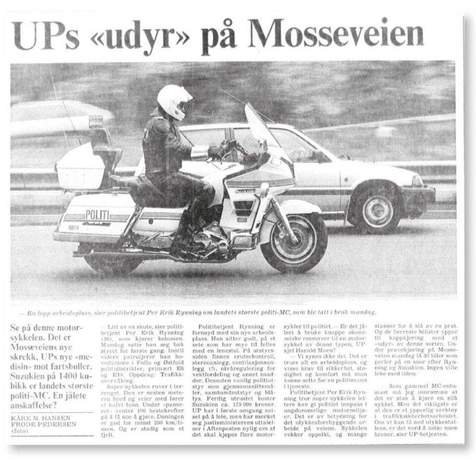GATAS SKREKK: I et oppslag i Aftenposten frontet Rynning politiets nye «supersykkel», en 1400 kubikks Suzuki som for 33 år siden hadde en anseelig prislapp på 170.000 kroner. Rynning har tilbragt mange mil i trafikksikkerhetens tjeneste.