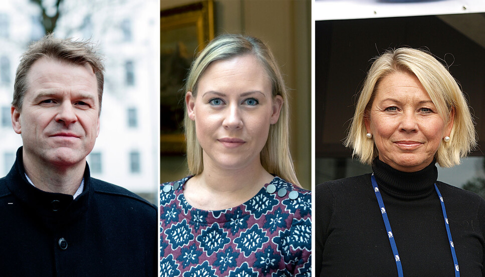Sigve Bolstad, leder i Politiets Fellesforbund, Lene Vågslid (Ap), leder av STortingets justiskommite, og justisminister Monica Mæland (H).