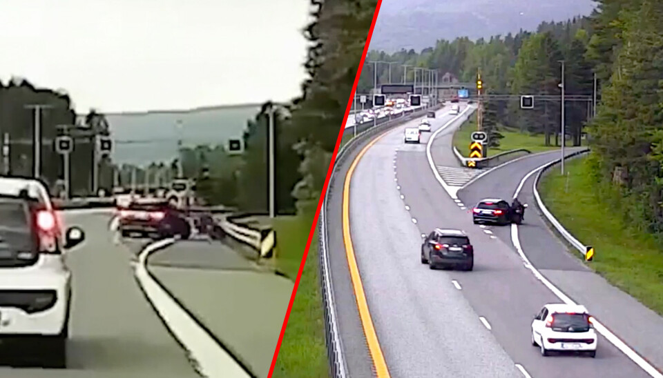 De to videoene er filmet av dashboardkameraet til en tilfeldig forbipasserende bil (venstre) og fra Vegvesenets trafikkovervåkningskamera (høyre).