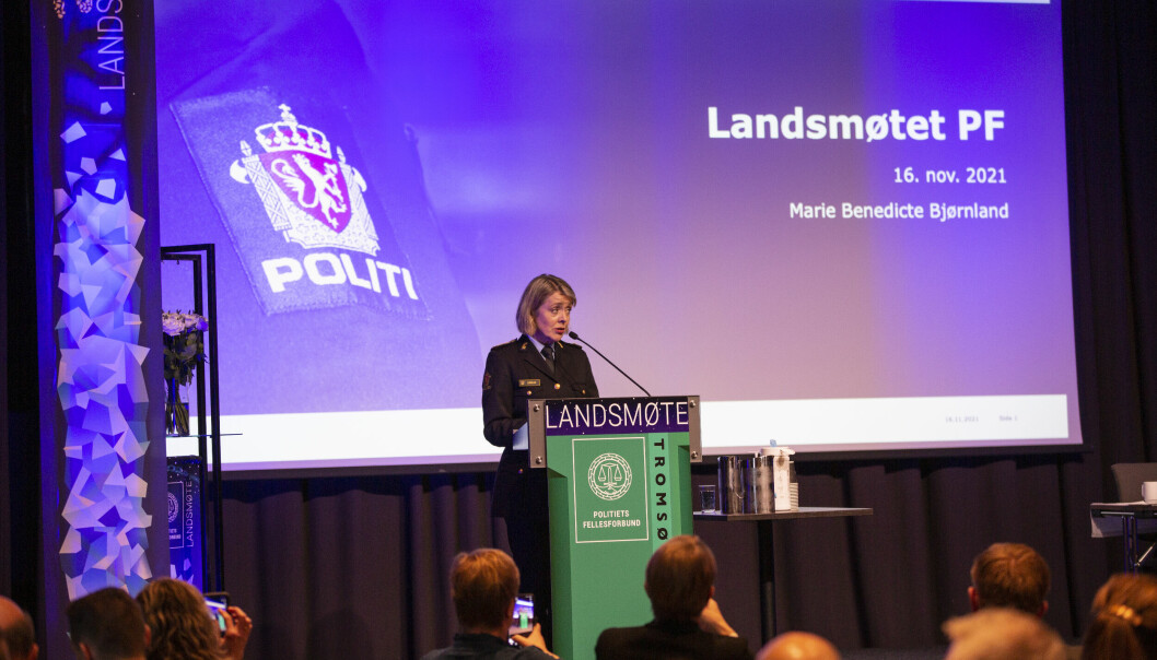 Politidirektør Benedicte Bjørnland holdt tale under landsmøtet til Politiets Fellesforbund på Gardermoen.