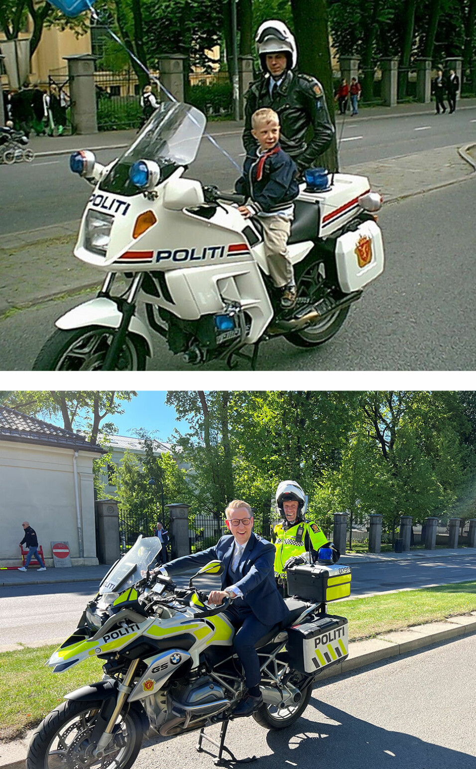 FØR OG ETTER: Svend Andreas Aspaas og politibetjent Inge Frydenlund i 2000 og 2022.