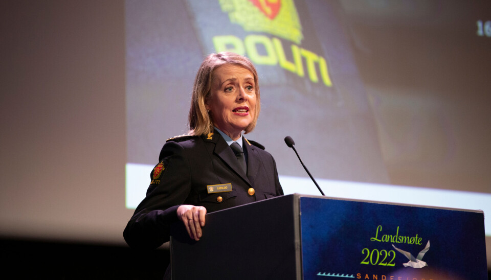 Politidirektør Benedicte Bjørnland under Politiets Fellesforbunds landsmøte i 2022. Politidirektør Benedicte Bjørnland under Politiets Fellesforbunds landsmøte i 2022.