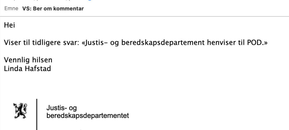 VISER TIL POD: Justis- og beredskapsdepartementet ønsker ikke å kommentere kritikken av politidirektøren.
