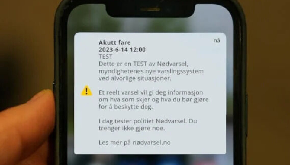 SLIK SER MELDINGEN UT: Onsdag 14. juni 2023 tester Politidirektoratet ut det nye systemet for nødvarsling via mobil. Testen er den første nasjonale testen siden systemet kom på plass i januar i år.