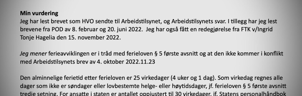 POLITIDISTRIKTETS SVAR: HR-avdelingen i Sør-Vest politidistrikt avviser i dette udaterte notatet at praktiseringen av arbeidstidsbestemmelsene er i strid med loven.