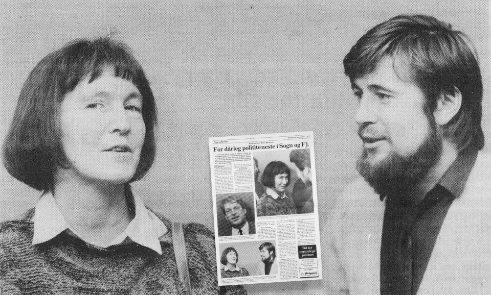 30. november 1987: Arne Johannessen og daværende justisminister Helen Bøsterud under et møte i Sogn og Fjordane lensmannslag.
