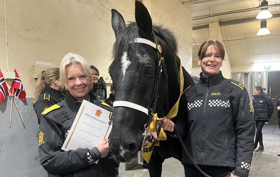 DIPLOM OG MEDALJE: Politimester Ida Melbo Øystese holder diplomet og politimedaljen, ved siden av Tyr og Åsta Marie Lytskjold fra rytterkorpset.