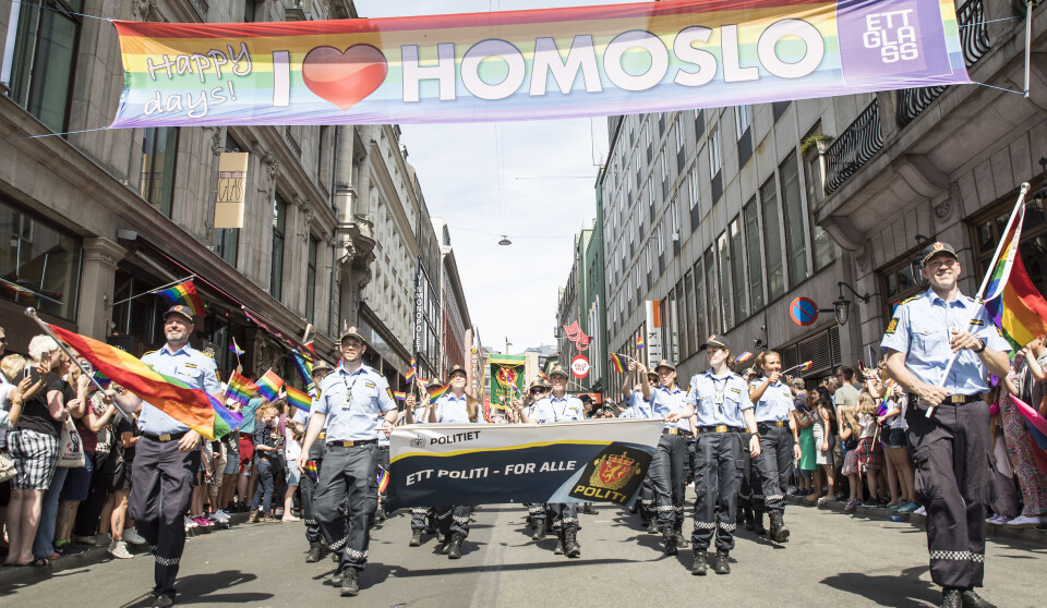 Uniformerte politifolk i Pride-paraden i 2017, tatt på samme sted og tid som bildet som bildet Matapour hadde på mobilen.