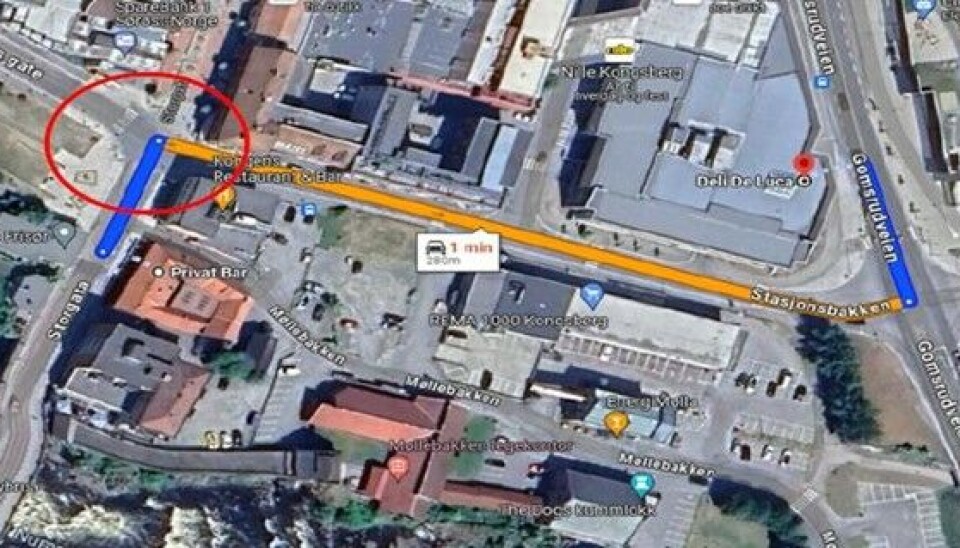 Kartutsnitt fra Kongsberg sentrum.