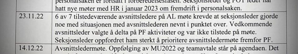 PROBLEMATISERER FAGFORENINGSARBEID: I et eget tidslinjenotat, noterer seksjonslederen ved operasjonssentralen ned det han mener skal danne grunnlag for en personalsak mot en avsnittsleder. Avsnittslederens bruk av tid på fagforeningsarbeid er et gjentakende tema.