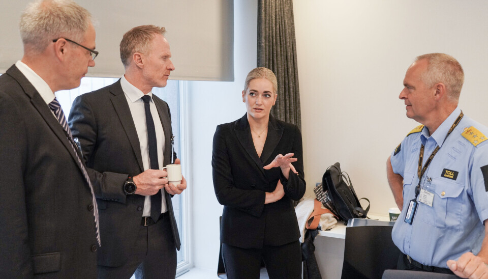 Justisminister Emilie Enger Mehl (Sp) og finansminister Trygve Slagsvold Vedum (Sp) møter etatsledere for å diskutere tiltak mot økonomisk kriminalitet. Foto: Ole Berg-Rusten / NTB