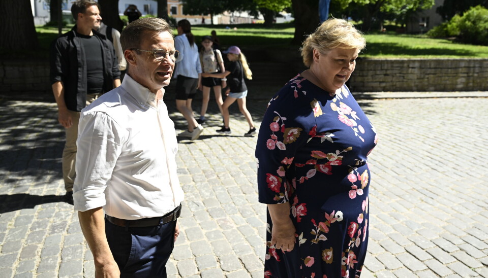 Sveriges statsminister Ulf Kristersson og Høyre-leder Erna Solberg er på Almedalsveckan i Visby i Sverige onsdag.