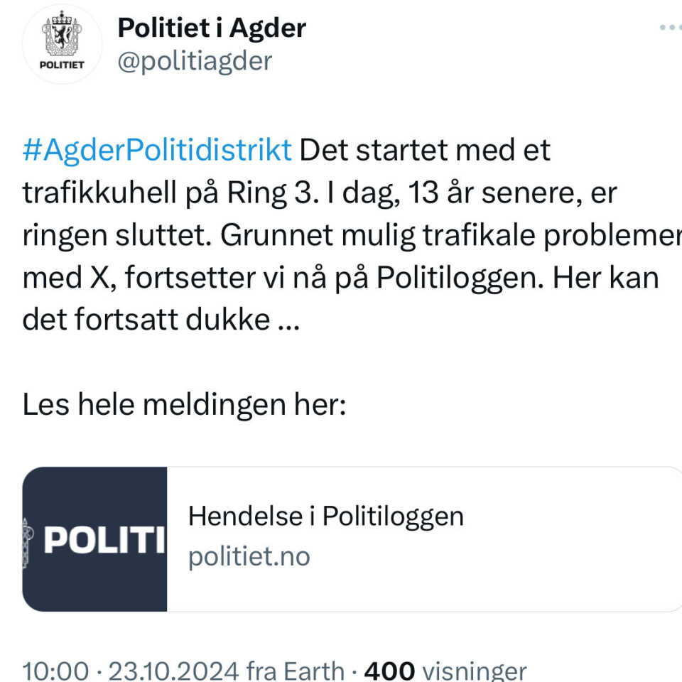 Dette ble den siste meldingen fra politiet i Agder på X, tidligere kalt Twitter.