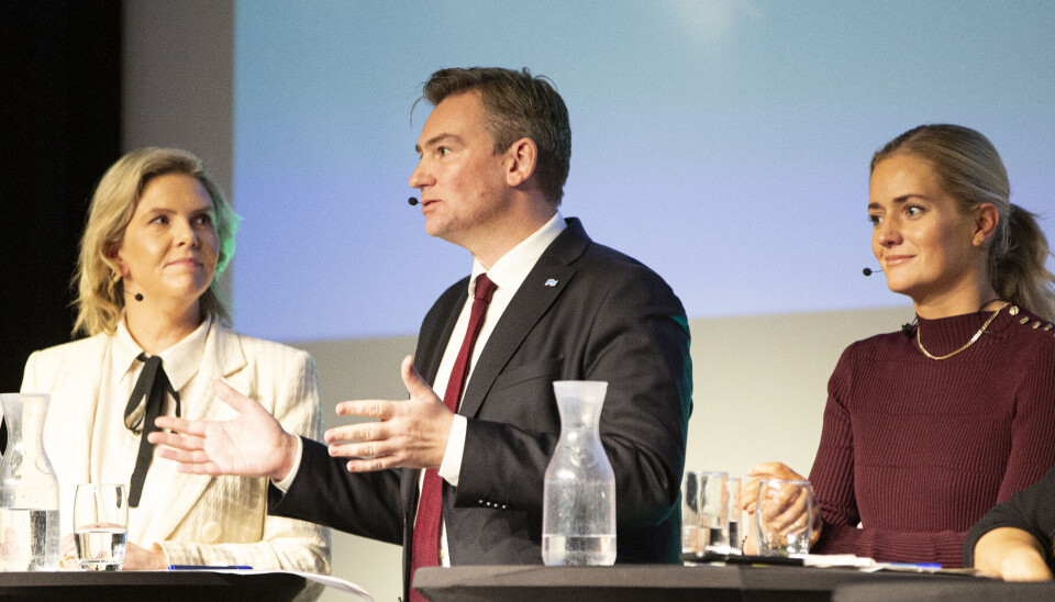 Sylvi Listhaug (Frp), Henrik Asheim (H) og Emilie Enger Mehl (Sp) under debatten på Politiets Fellesforbunds (PF) landsmøte i 2024.