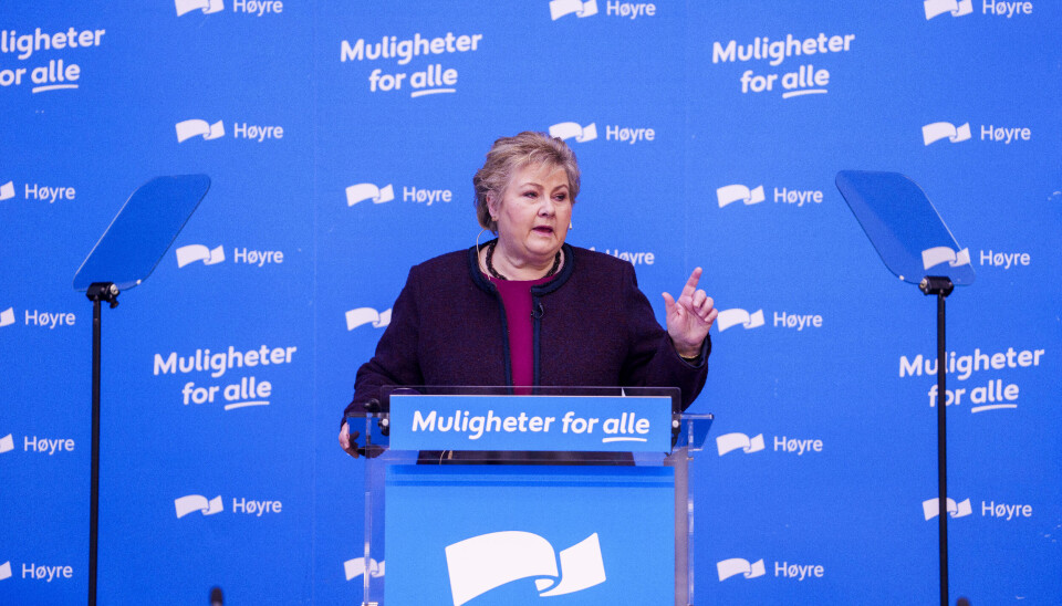 Høyre-leder Erna Solberg taler under Høyres sentralstyremøte på Høyres hus.