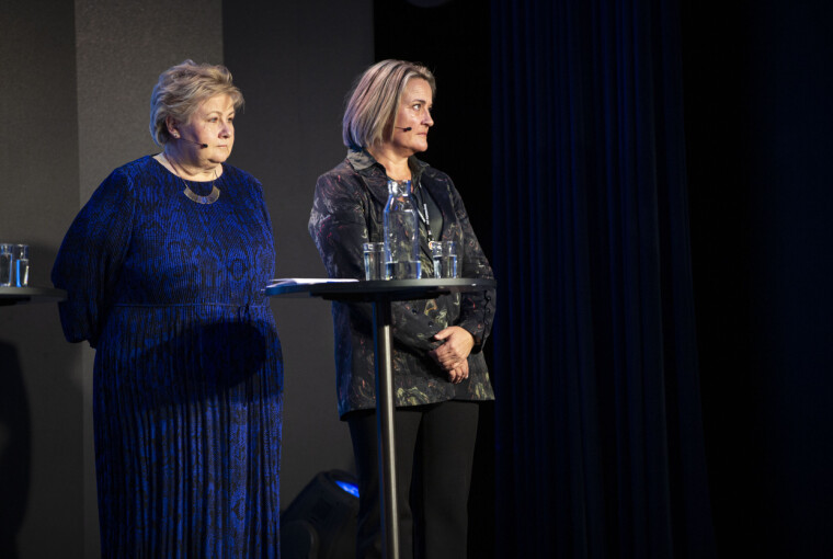 Høyre-leder Erna Solberg og PF-leder Unn Alma Skatvold.