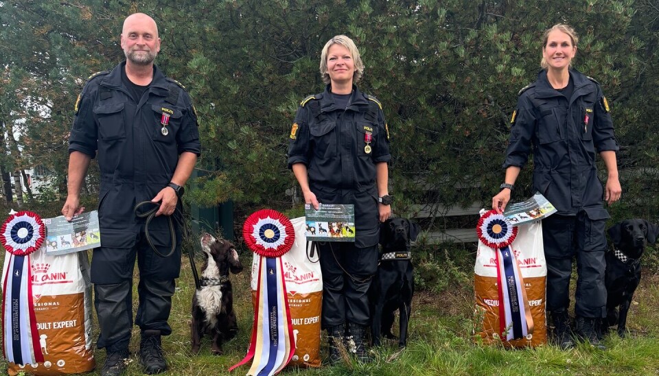 Pallen under NM for narkotikahunder (fra venstre): Magne Gundersen og Bruno, Østfold Tjenestehundklubb (2. plass), Lillian Marie Tveit og Pelle, Romerike Politihundelag (1. plass), Julie Dahl og Scott, Østfold Tjenestehundklubb (3. plass).