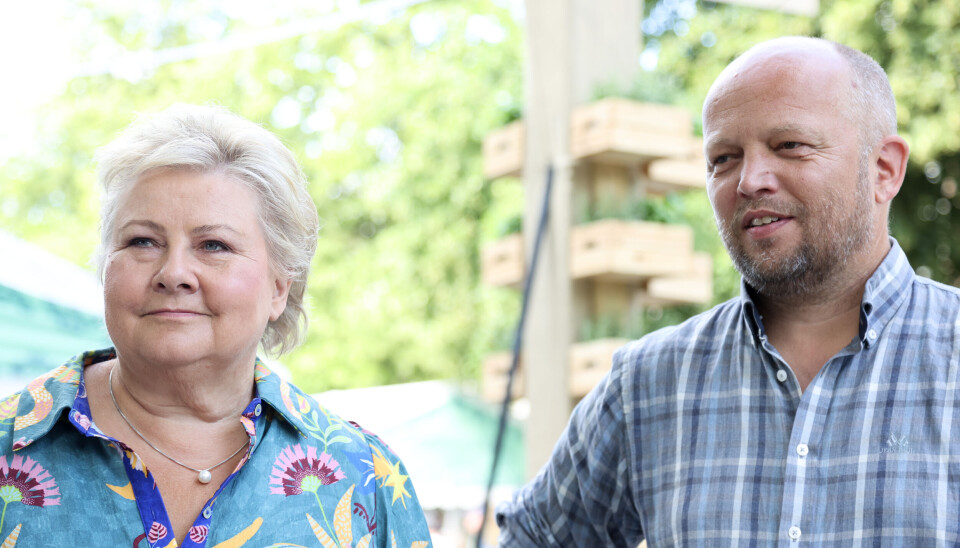 Høyre-leder Erna Solberg og Senterparti-leder Trygve Slagsvold Vedum.
