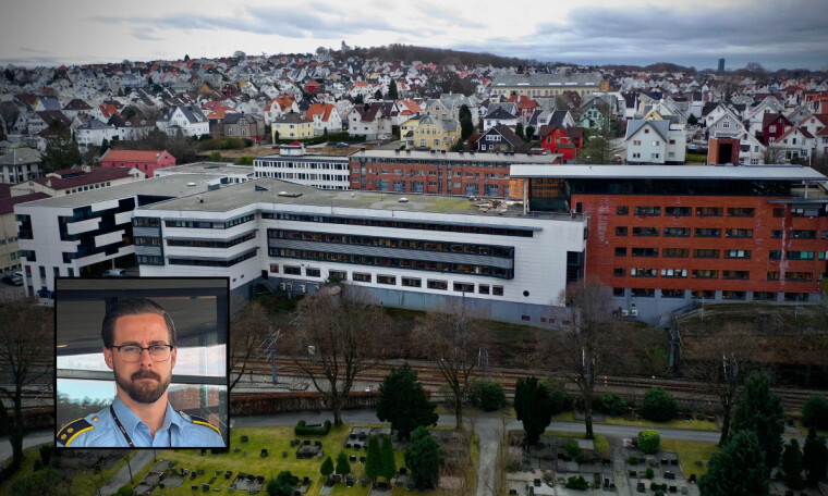 Politihuset i Stavanger med Erik Schau Ydstebø innfelt.
