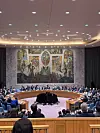 Møte i FNs sikkerhetsråd med delegater rundt en stor hesteskoformet sal.