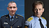 To menn i politiuniform fotografert side ved side mot blå og mørk bakgrunn.